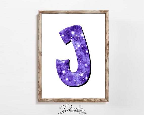 Disco Indigo Letter J Print Purple Trendy Personalized Monogram Wall Art Disco Cowgirl Dorm Decor Preppy Poster Teen Room