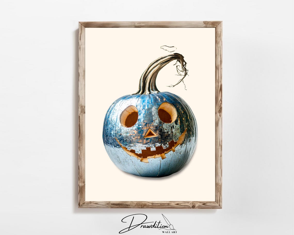 Blue Disco Ball Jack O Lantern Pumpkin Mosaic Halloween Party Wall Art