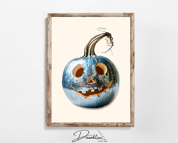 Blue Disco Ball Jack O Lantern Pumpkin Mosaic Halloween Party Wall Art