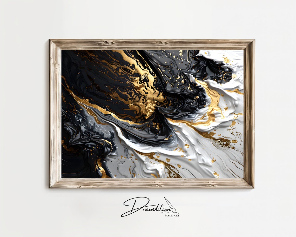 Black White Gold Marble Abstract Luxury Modern Contemporary Wall Art