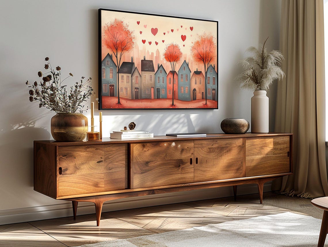 Valentine Village Hearts Whimsical Houses Coral Trees Love Wall Art - Image 3