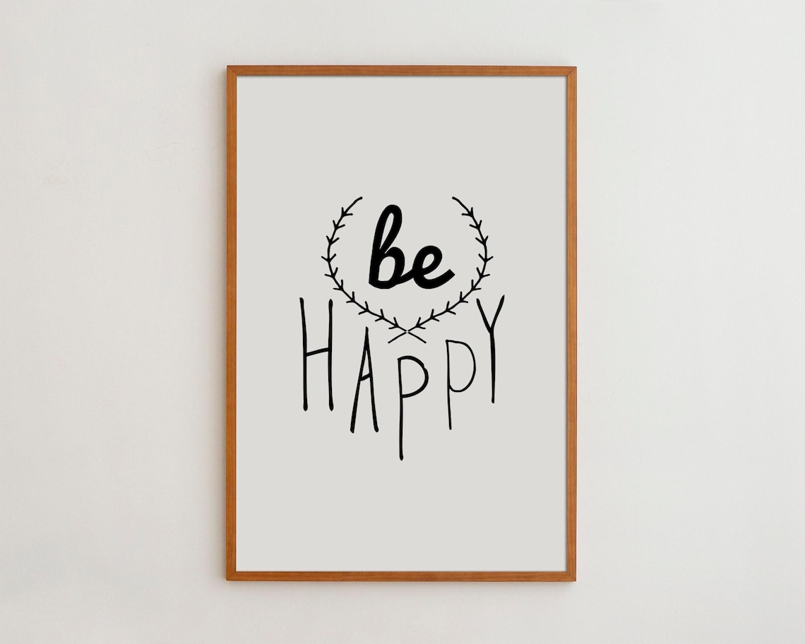 Be Happy Typography Print, Minimalist Nursery Decor