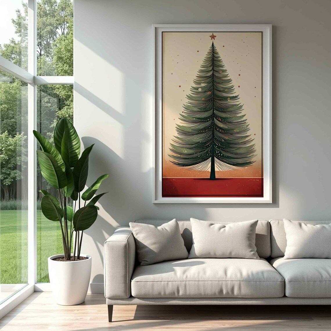 Whimsical Christmas Tree Star Topper Vintage Cream Red Holiday Scene Poster