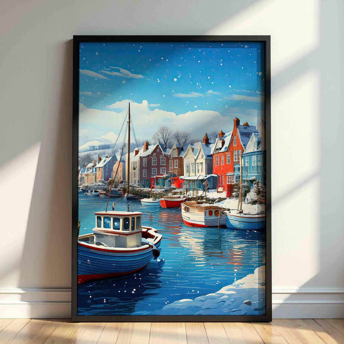 Winter Snow Harbor Village Colorful Boats Christmas Holiday Poster