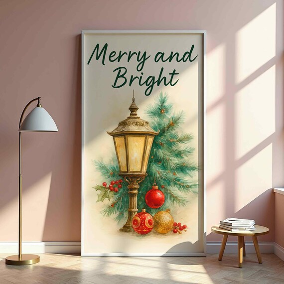 Merry and Bright Vintage Lamp Post Christmas Watercolor Poster
