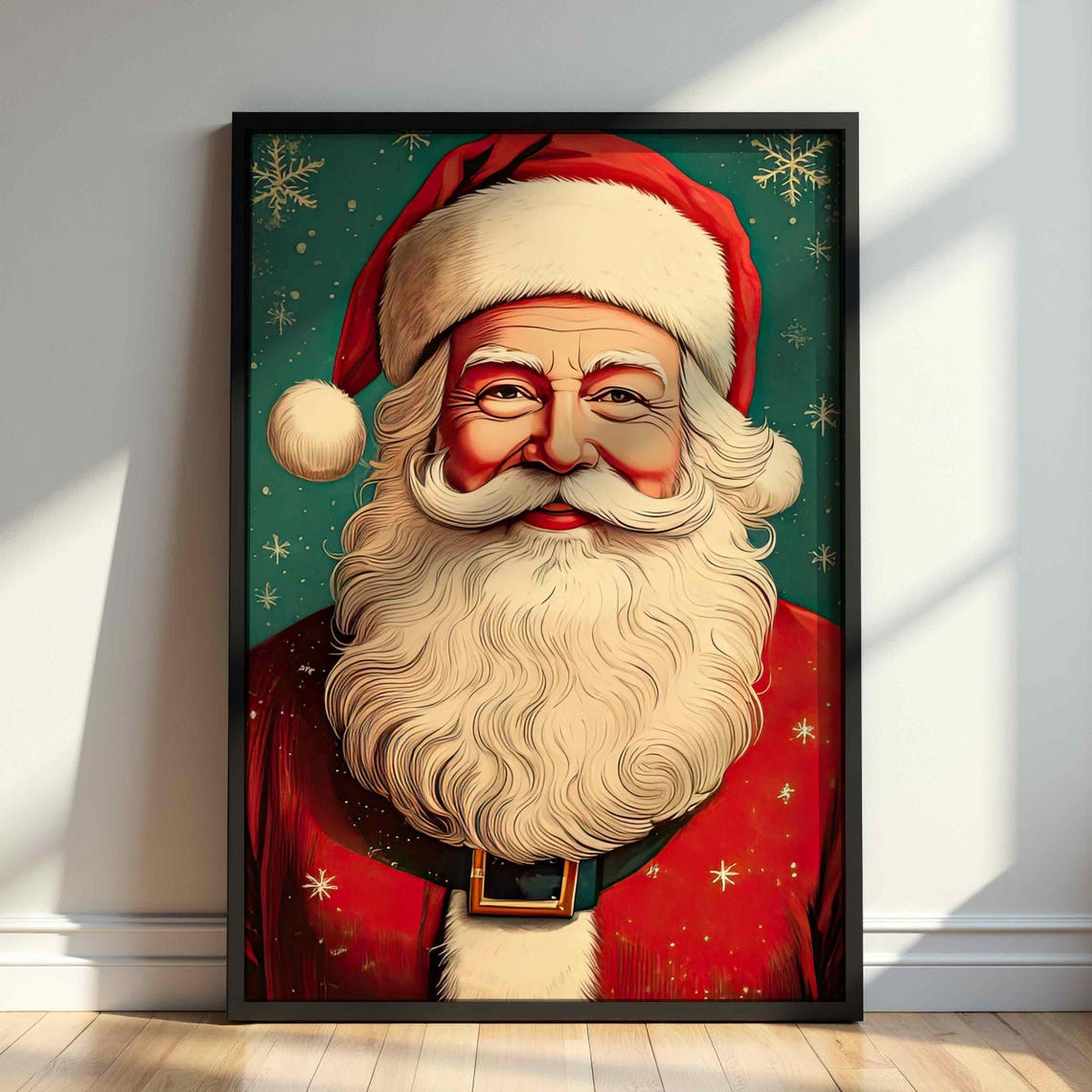 Retro Santa Claus Face Gold Snowflakes Christmas Holiday Wall Poster