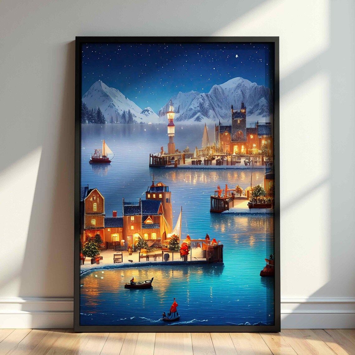 Winter Christmas Village Night Harbor Snowy Mountains Festive Scene Poster