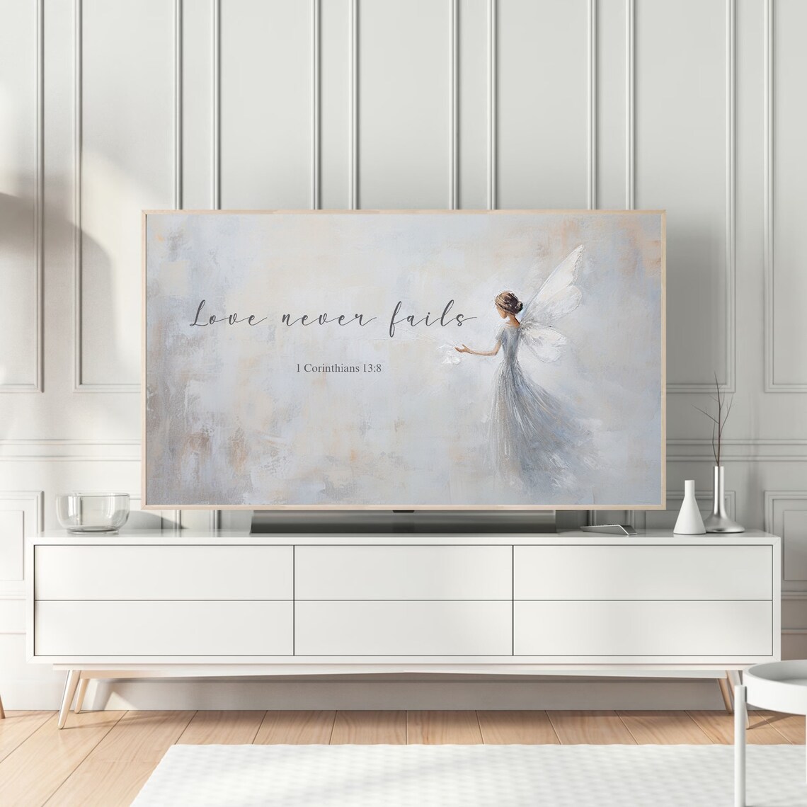 Love Never Fails Verse With A Graceful Angel In Soft Blue Poster - Image 5