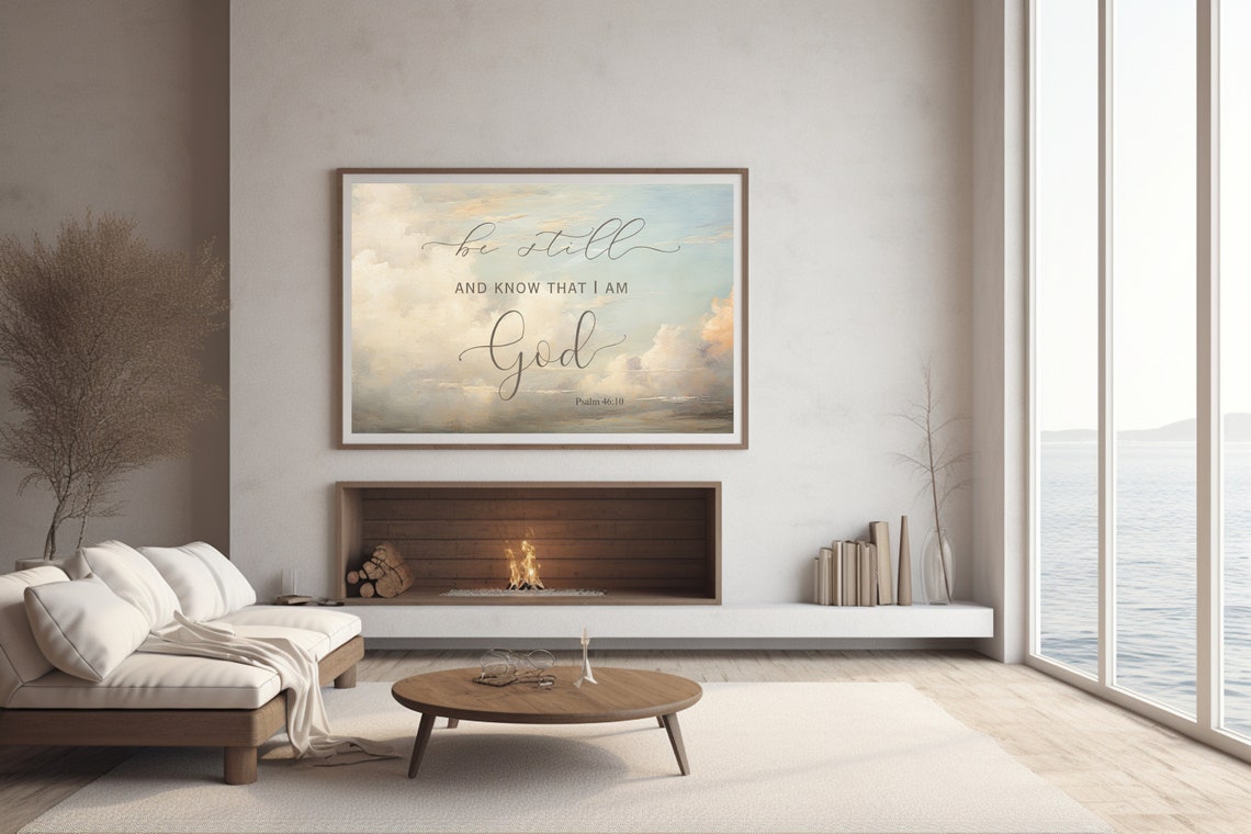 Frame Tv Christian Print Bible Verse Psalm 46 Scripture Be Still Know That I Am God Oil Painting Blue Sky Clouds Frame Tv Art - Image 3