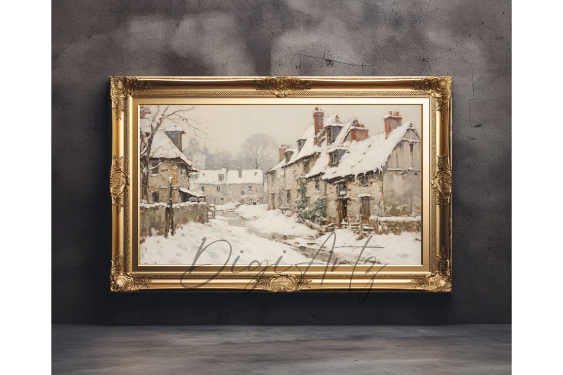 Snowy European Village Stone Cottages Impressionist Winter Poster - Image 5