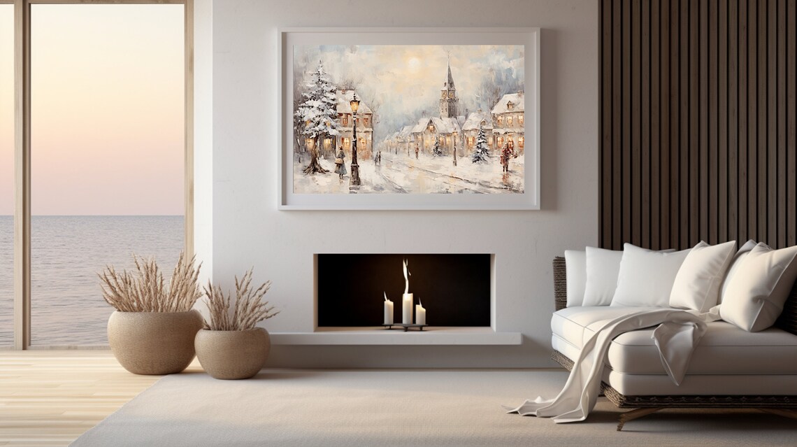 Frame Tv Vintage Winter Town Oil Painting Cottagecore Academia Christmas Decor Rustic Snowy Winter Landscape Holiday Farmhouse Print - Image 3
