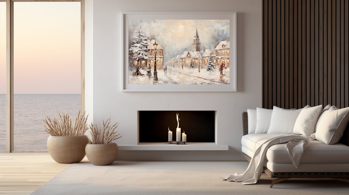 Snowy Village Square At Dusk With Church Steeple And Lamp Posts Poster - Image 3