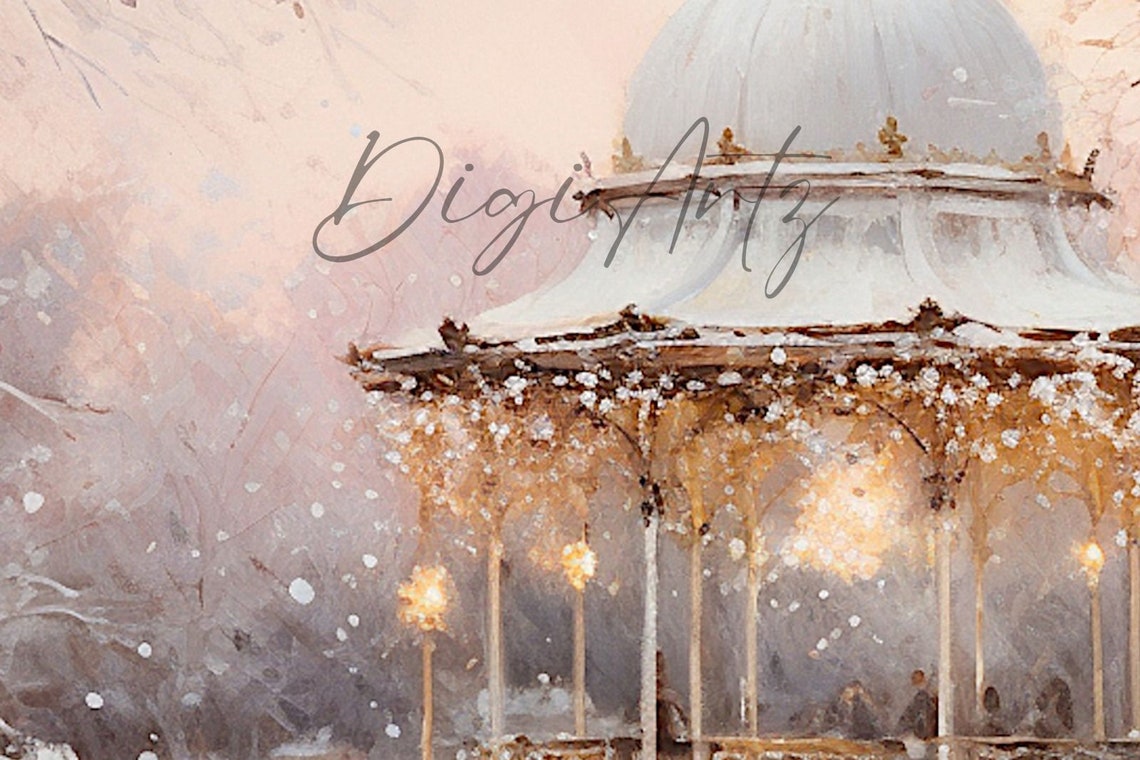 Snowy Gazebo Frozen Lake Sunset Panoramic Romantic Winter Poster - Image 6