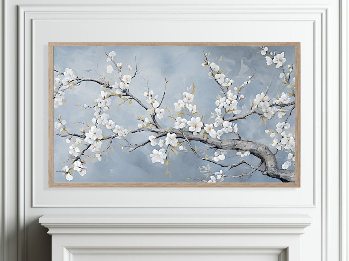 White Almond Blossom Branches on Blue Spring Oil Painting Poster - Image 4