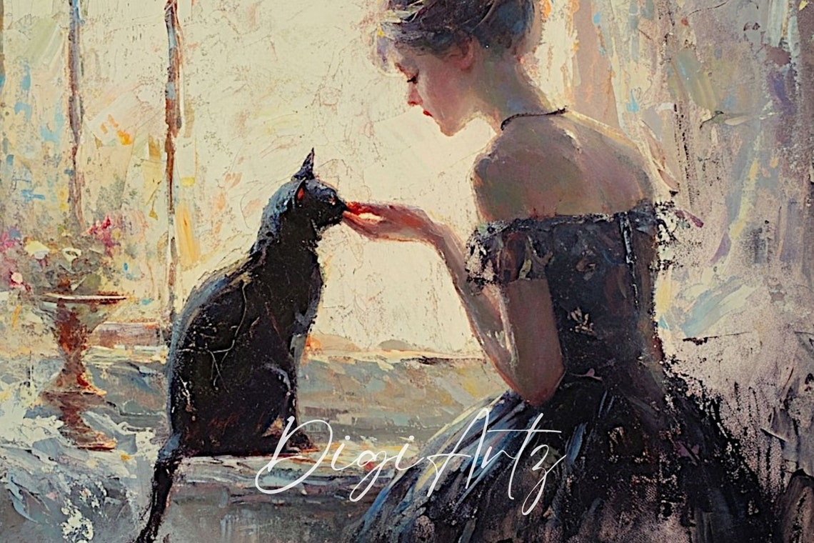 Woman With Black Cat By Window Impressionist Portrait Painting Poster - Image 6