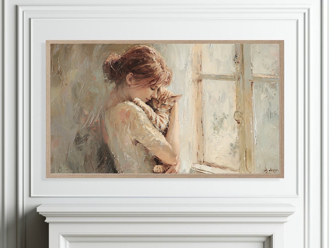Woman Holding Orange Cat By Window Tender Moment Portrait Poster - Image 4