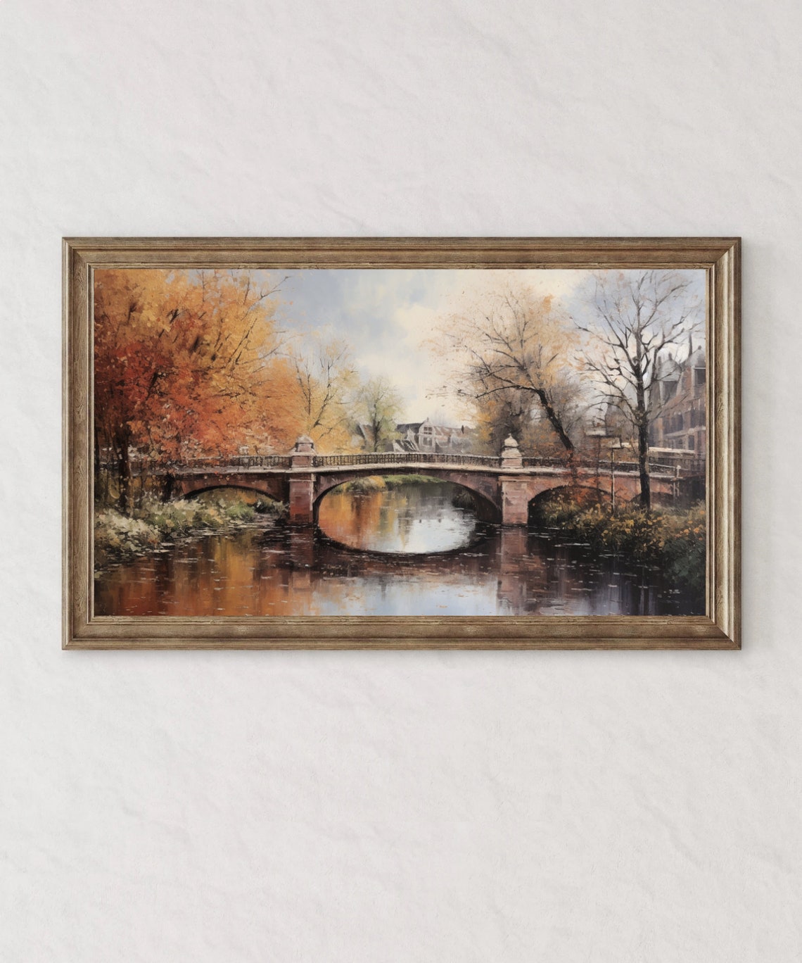 Autumn Stone Bridge Over River Orange Trees Vintage Landscape Poster - Image 3