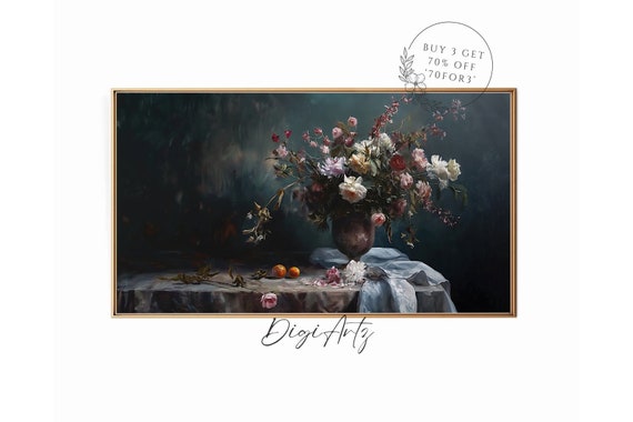 Frame Tv Antique Dark Floral Still Life Oil Painting Abstract Moody Flower Deep In Bloom Botanical Wall Art Dark Academia Home Decor