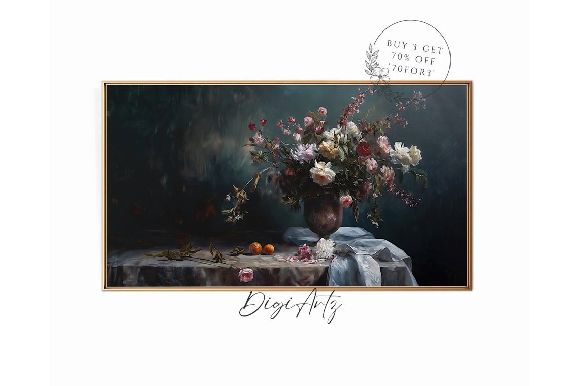 Frame Tv Antique Dark Floral Still Life Oil Painting Abstract Moody Flower Deep In Bloom Botanical Wall Art Dark Academia Home Decor