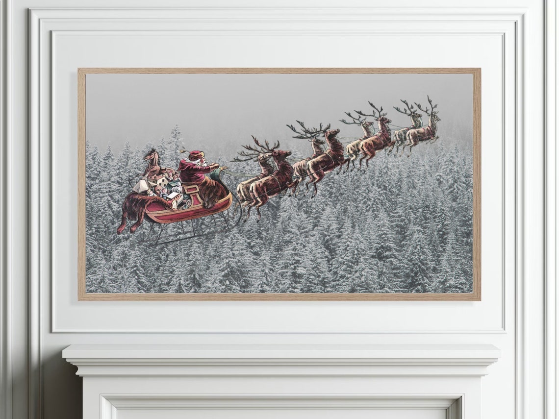 Santa Claus Flying In His Sleigh Over Snowy Forests At Night Poster - Image 4