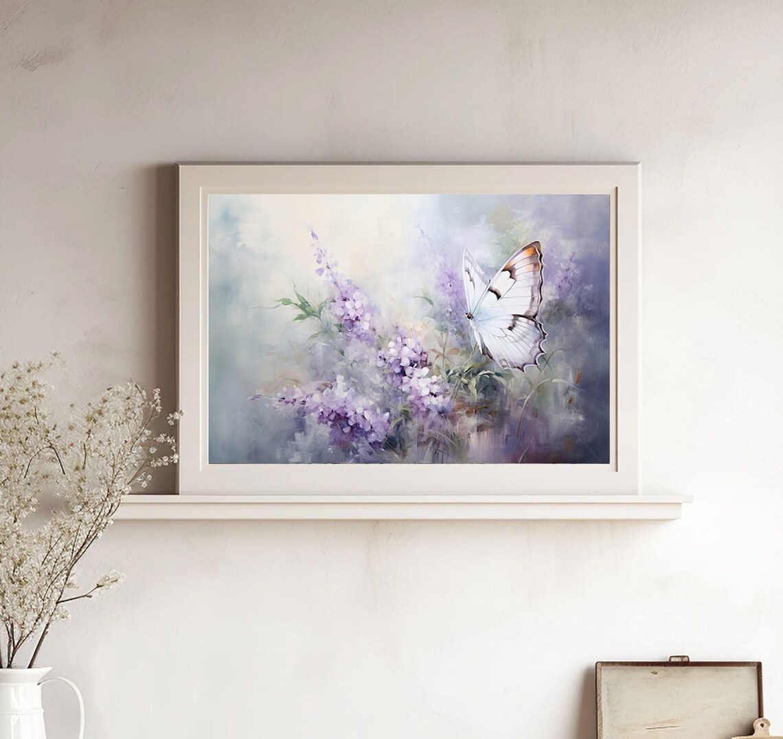 White Butterfly Purple Wildflower Watercolor Pastel Garden Poster - Image 3