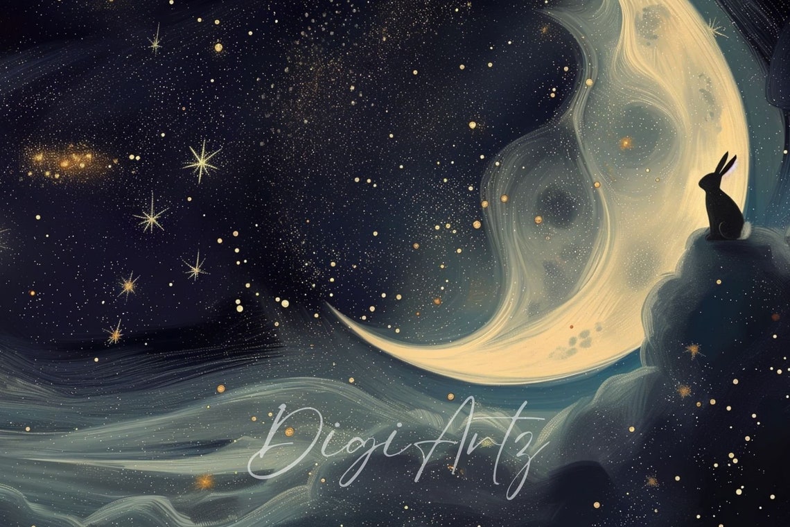 Crescent Moon Bunny On Clouds Golden Starry Night Painting Poster - Image 6