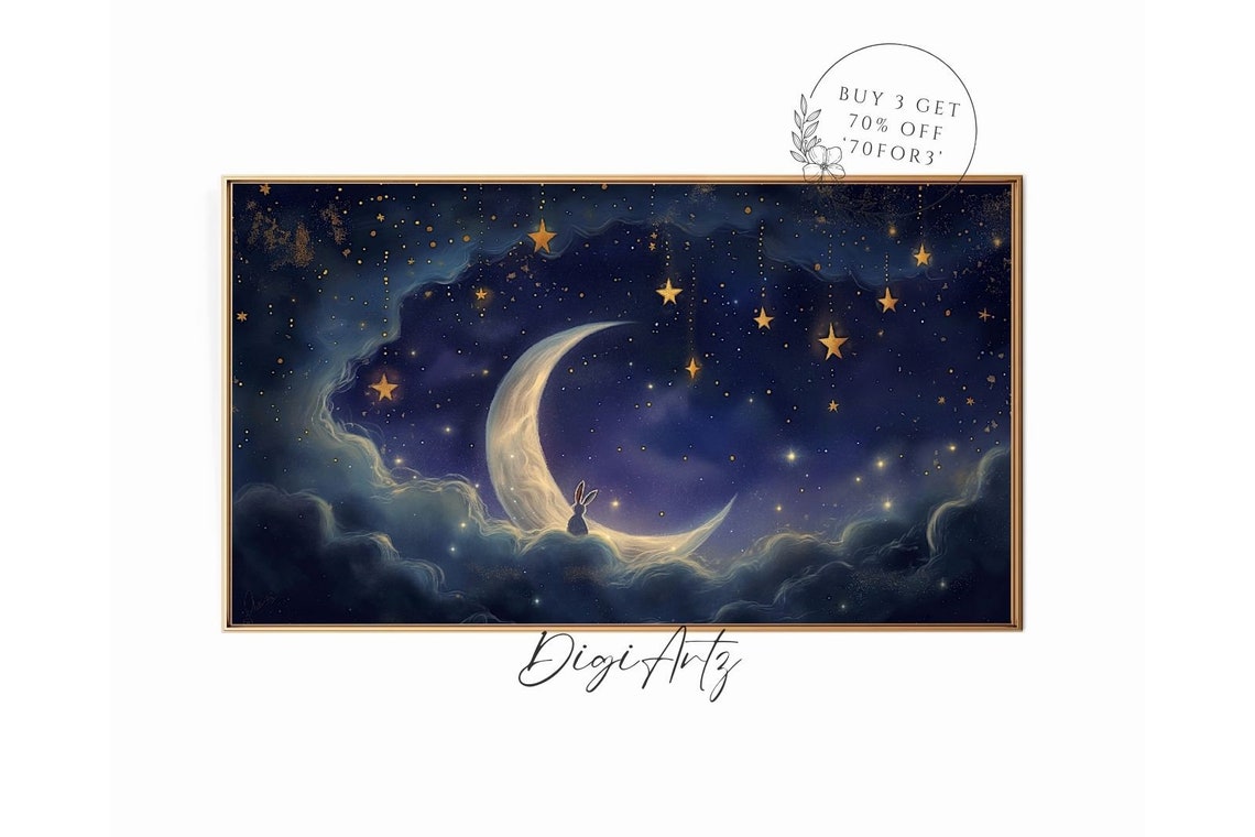 Crescent Moon Bunny Hanging Stars Starry Cloud Night Painting Poster