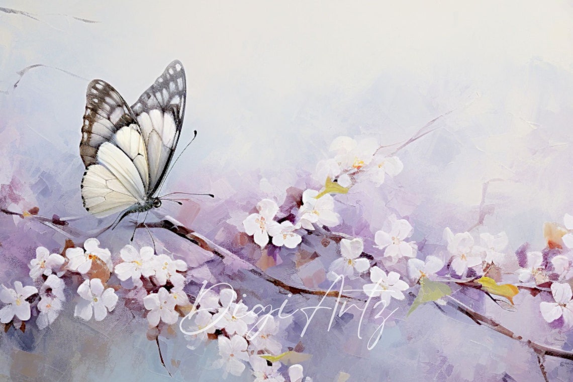 Butterfly on Cherry Blossom Branch Lavender Spring Oil Painting Poster - Image 6