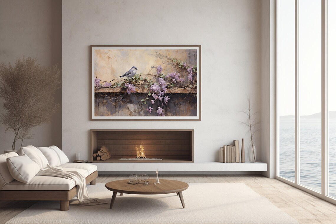 Small Gray Bird on Lilac Branch Vintage Nature Oil Painting Poster - Image 2