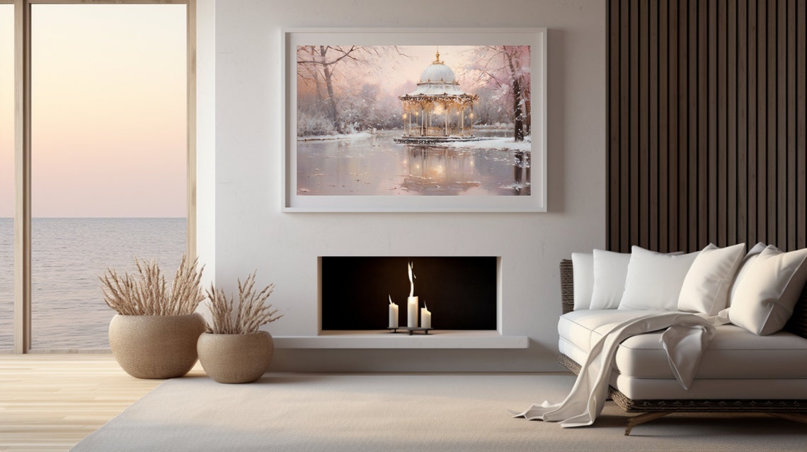 Snowy Gazebo Frozen Lake Sunset Panoramic Romantic Winter Poster - Image 3