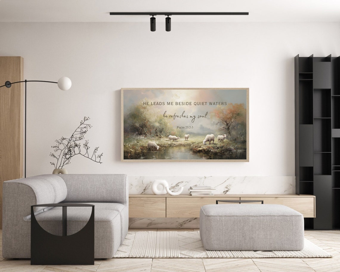 Psalm 23 Quiet Waters Sheep Meadow Scripture Christian Poster - Image 2
