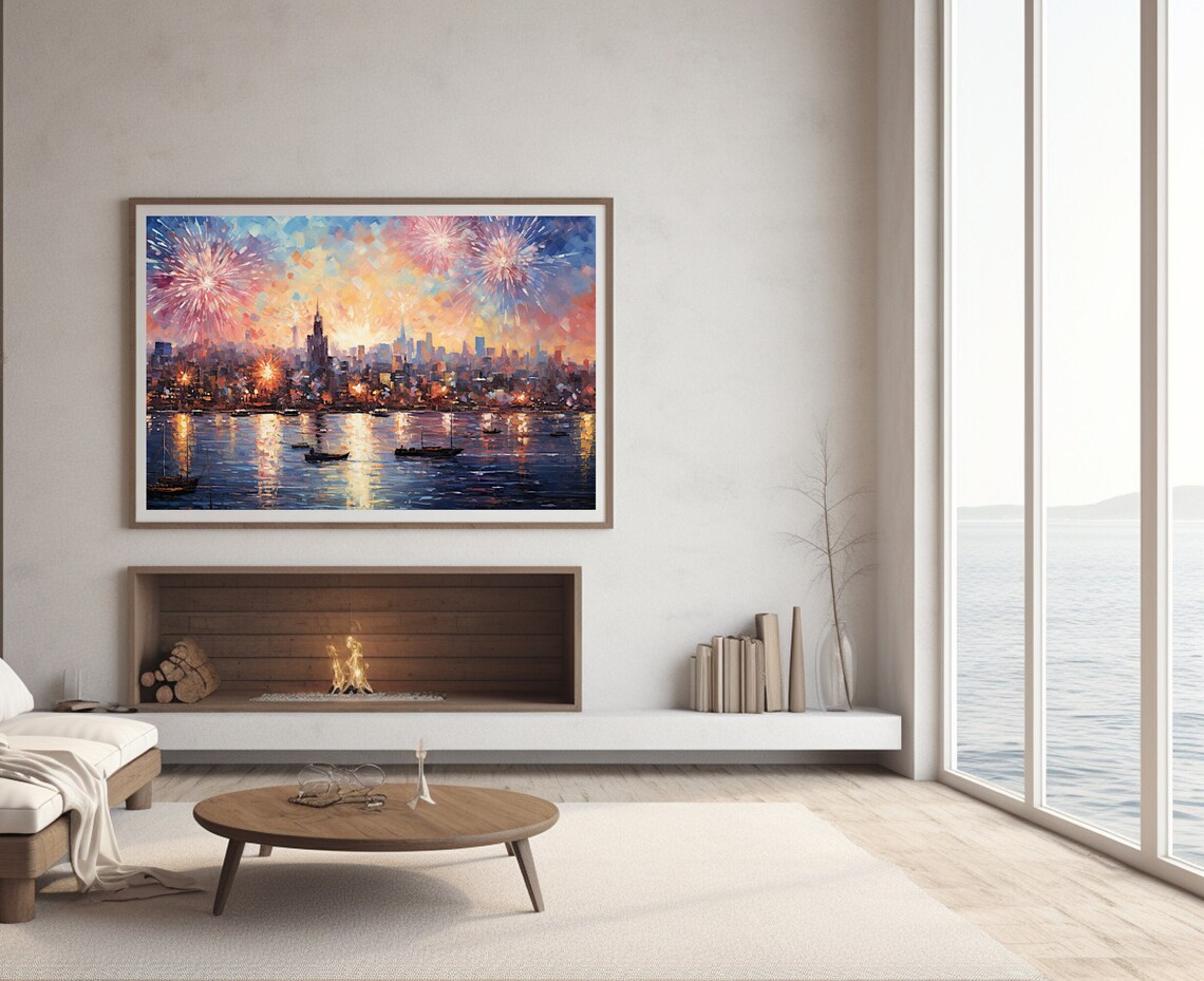 New Year Eve Fireworks Over City Skyline Celebration Painting Poster - Image 2