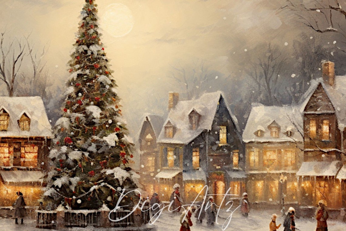 Moonlit Snowy Village Square With Towering Christmas Tree Poster - Image 6