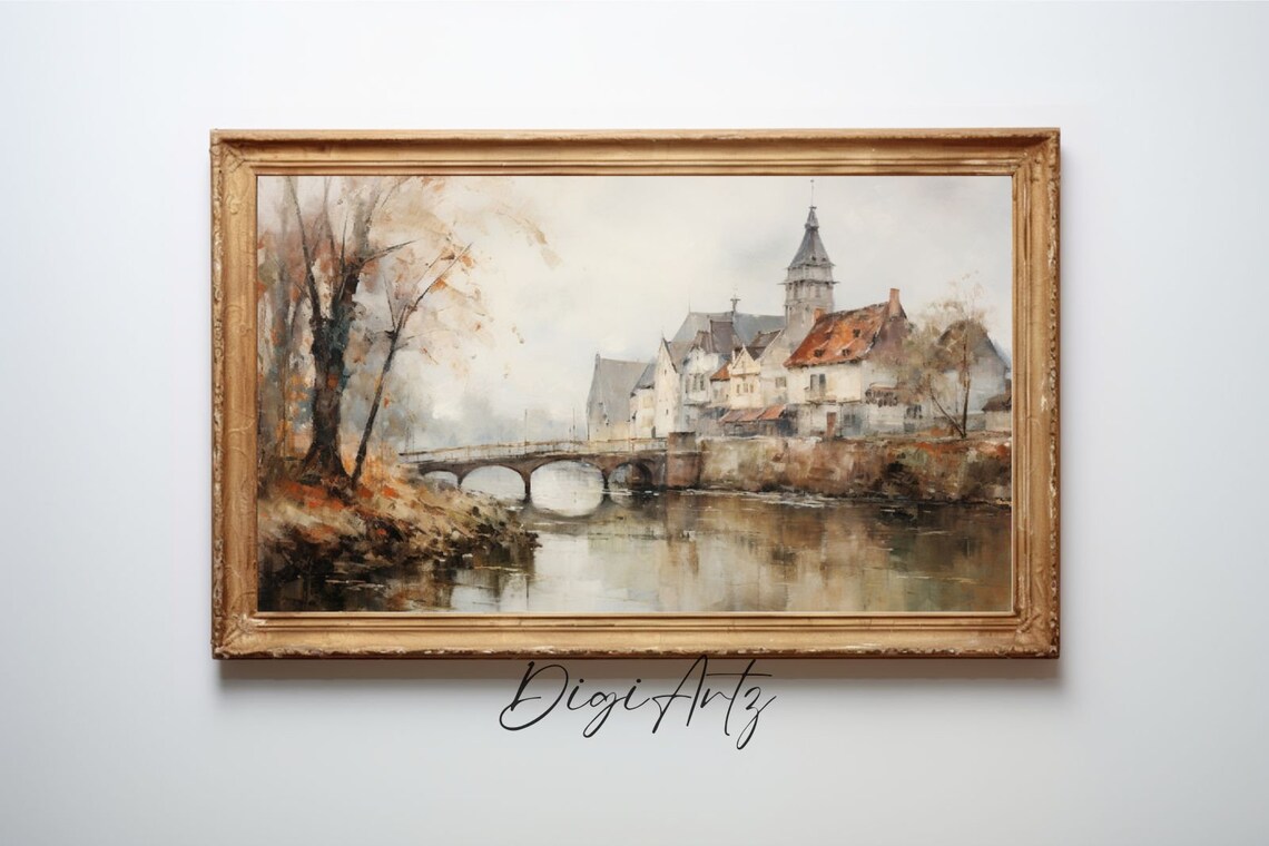 Riverside Village Stone Bridge Church Autumn Landscape Painting Poster