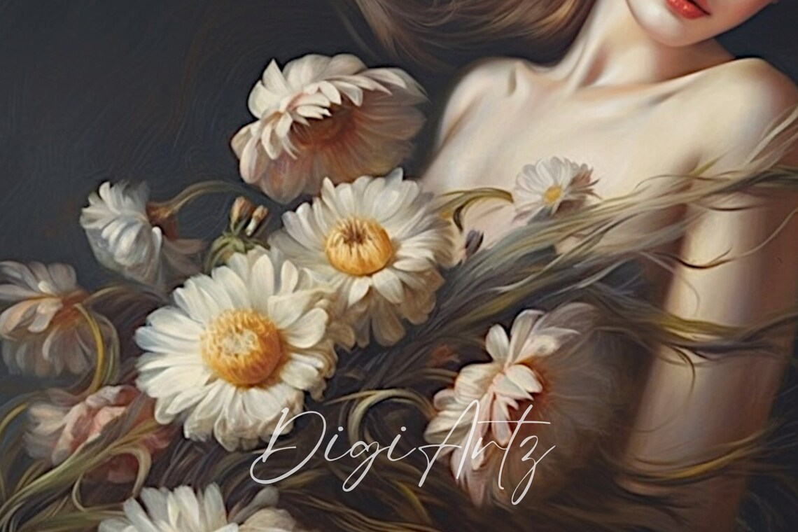 Moody Woman With Daisies Dark Feminine Floral Oil Painting Poster - Image 6