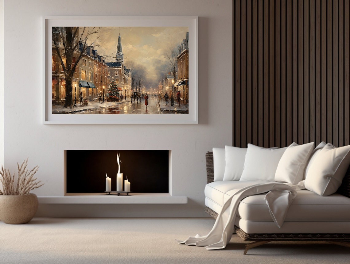 Christmas Evening Old Town Street Church Steeple Horse Carriage Poster - Image 3