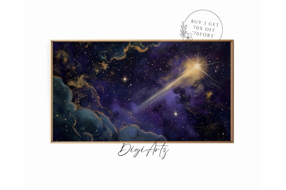Shooting Star Purple Gold Nebula Night Sky Celestial Painting Poster