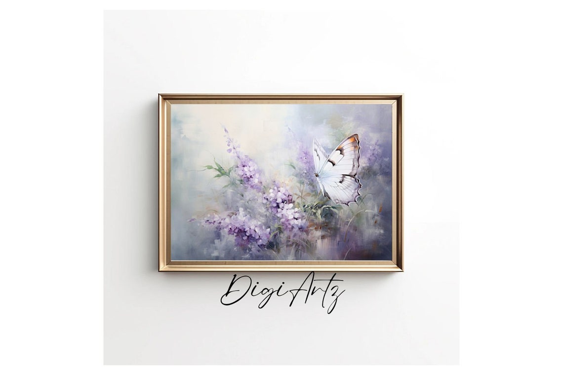 White Butterfly Purple Wildflower Watercolor Pastel Garden Poster