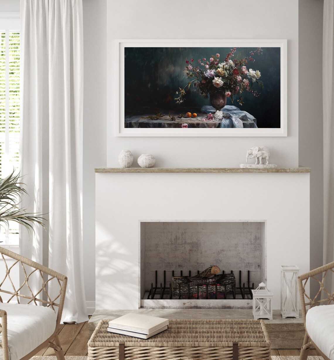 Moody Dark Floral Still Life Vase Oil Painting Vintage Poster - Image 2