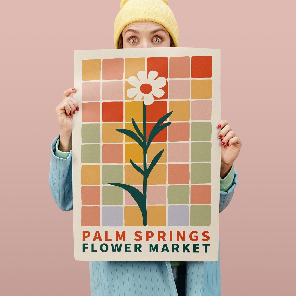 Palm Springs Flower Market Pastel Checkerboard Daisy Retro Poster