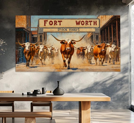 Fort Worth Stockyards Print In A Painting Style Fort Worth Wall Art Fort Worth Bulls Painting Fort Worth Rodeo Ready To Hang