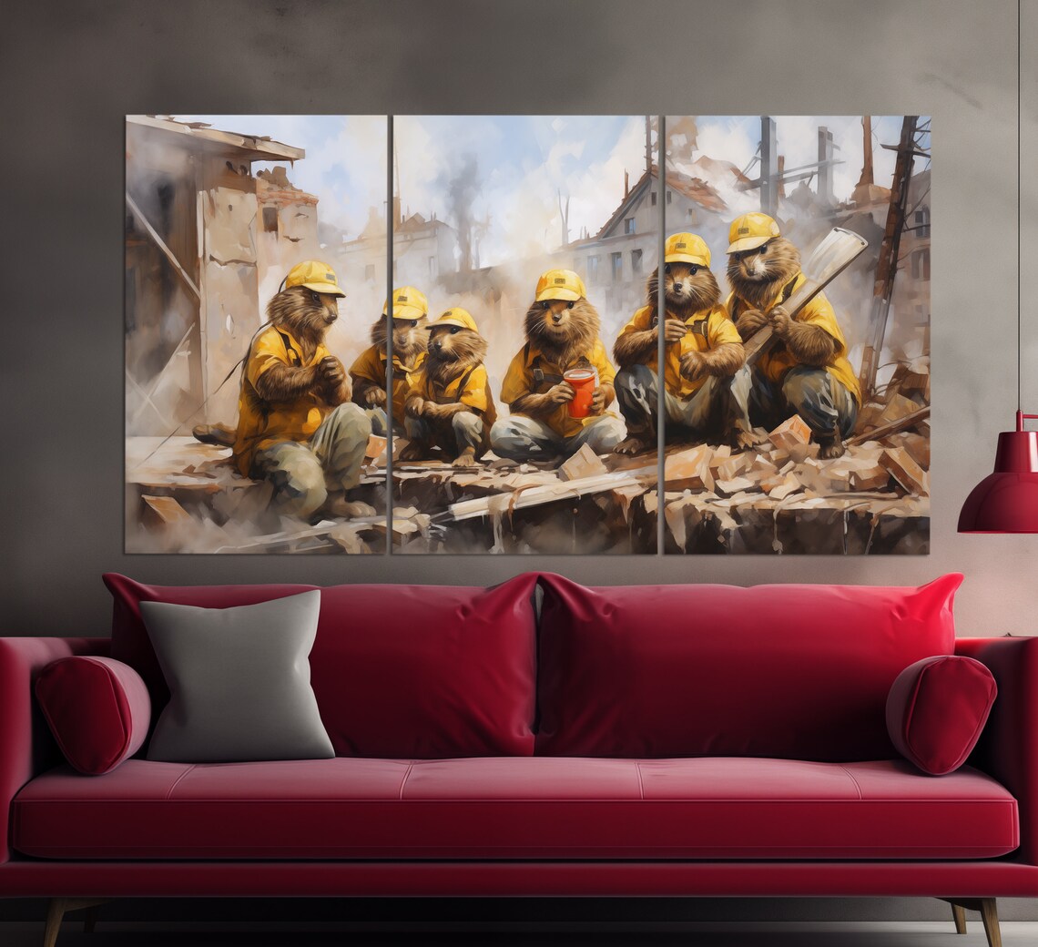 Funny Construction Wall Art Beavers In Helmets Print Abstract Beavers Builders Painting Industrial Wall Decor Funny Builder Gift - Image 3