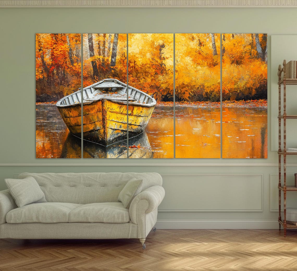 Old Fishing Boat In Autumn Lake Print In A Vintage Oil Painting Style Abstract Wooden Boat Wall Art Retro Nautical Poster - Image 2
