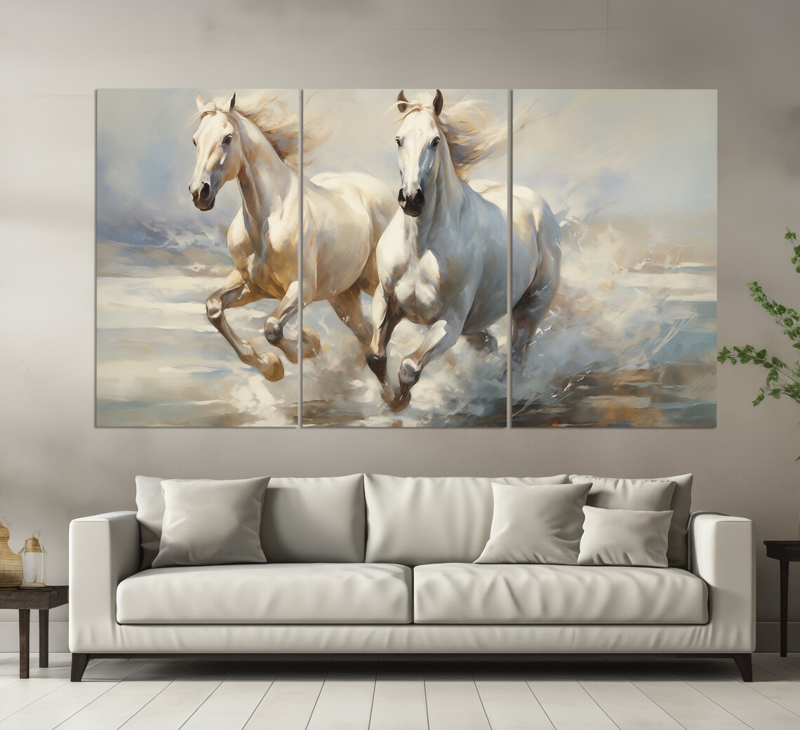 White Horses, Vintage Oil Painting Style Art Print - Image 2