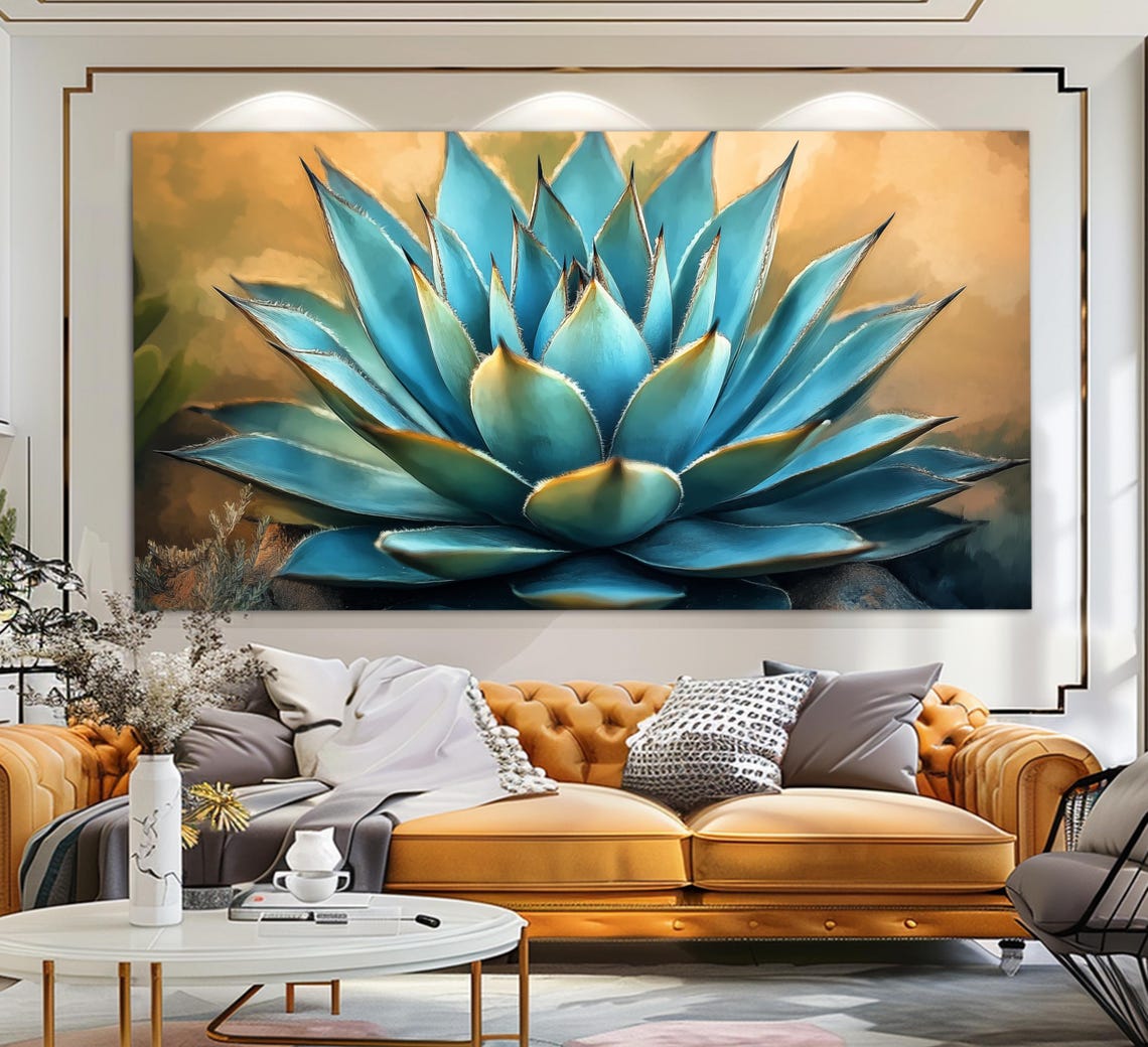Blue Agave Rosette Golden Background Botanical Painting Wall Art Print