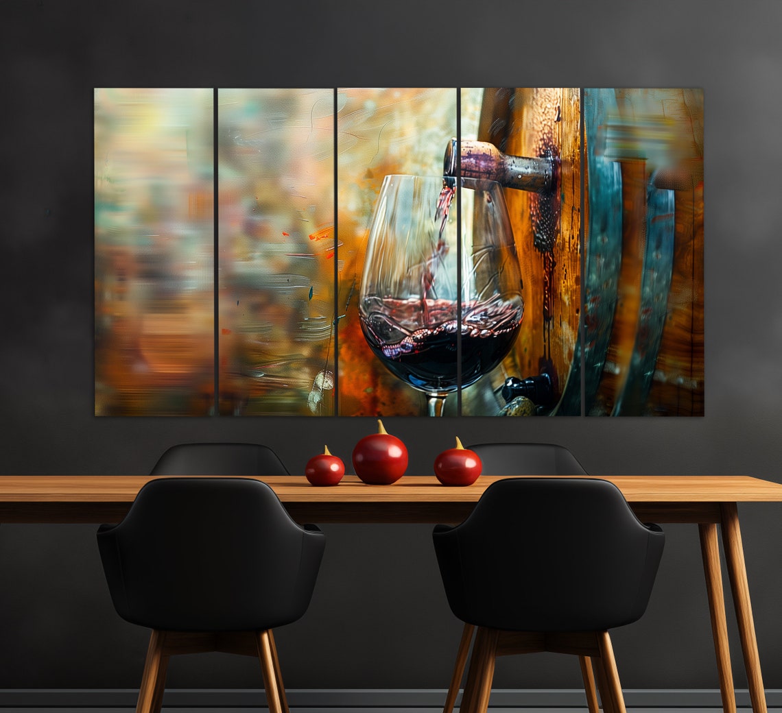 Red Wine Pouring From Oak Barrel Into Glass Rustic Kitchen Art Poster - Image 2