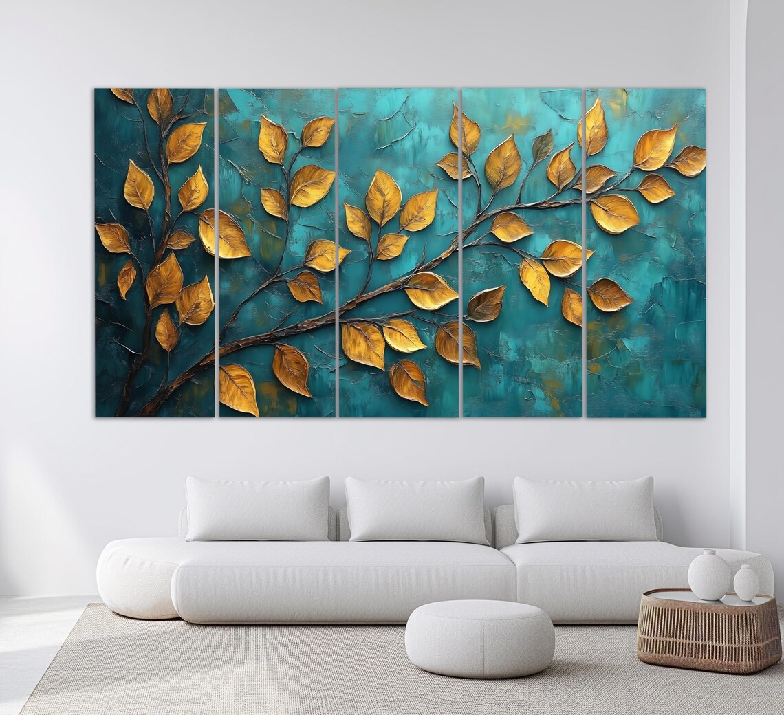 Golden Leaves Branch Turquoise Textured Luxury Botanical Art Poster - Image 2