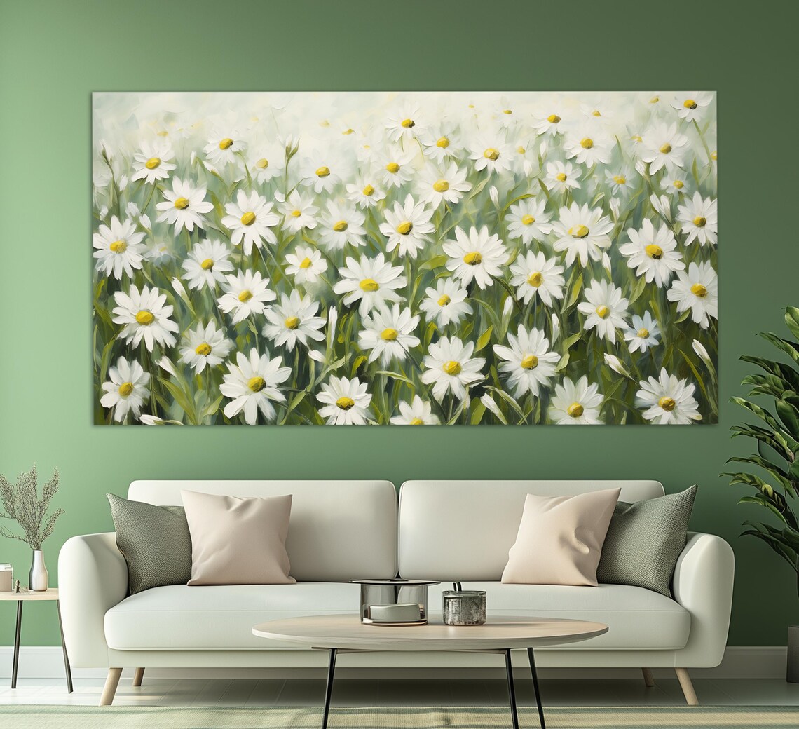 White Daisy Meadow Field Vintage Oil Painting Style Flower Poster - Image 3