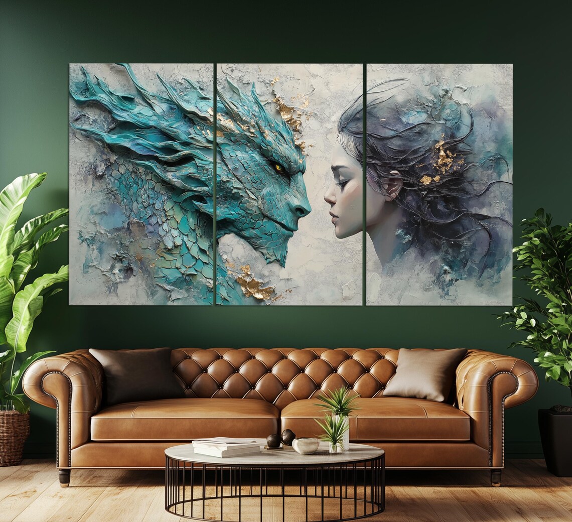 Teal Dragon And Beautiful Woman Face To Face Fantasy Love Art Poster - Image 3