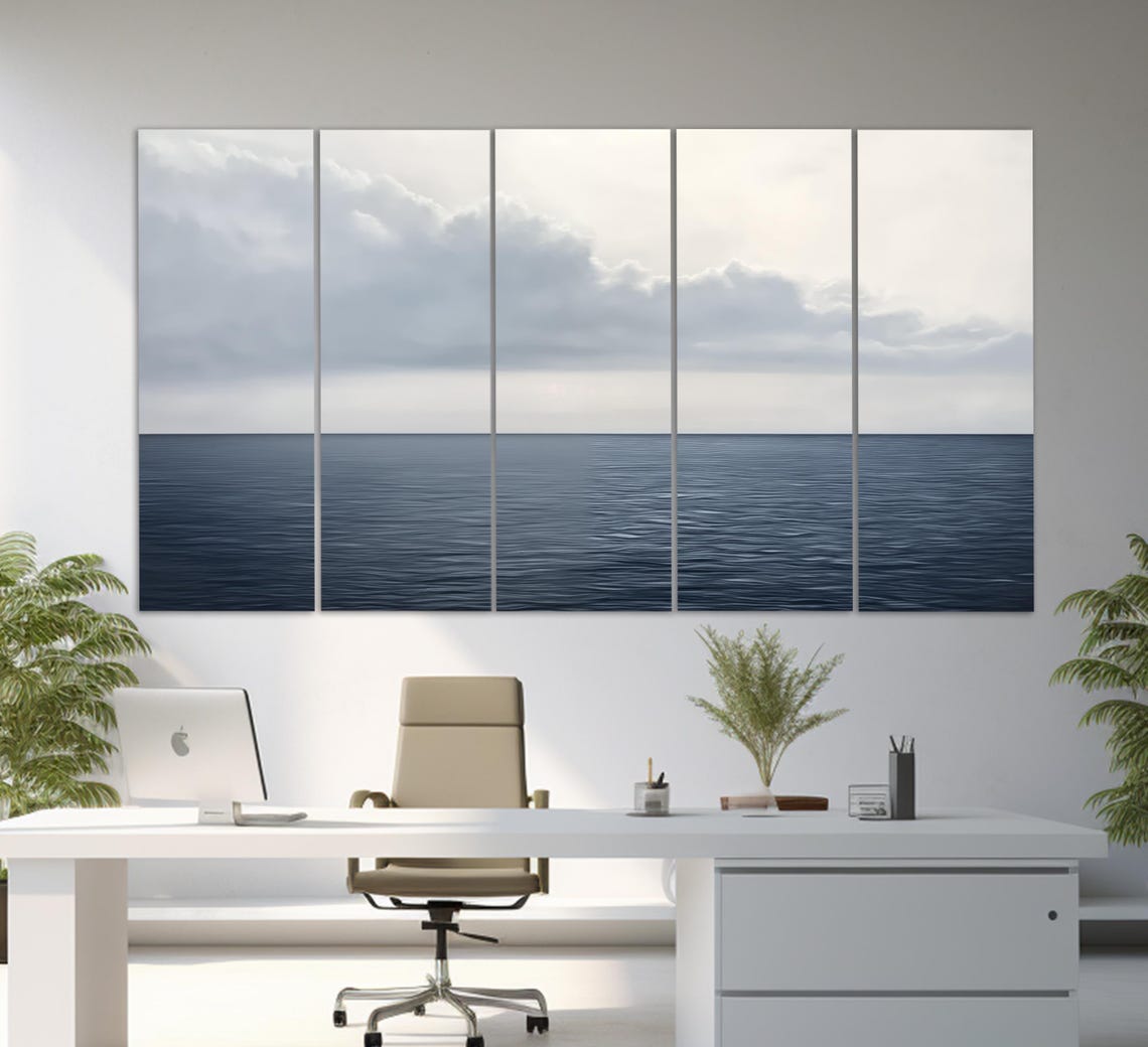 Minimalist Dark Blue Ocean Horizon Cloudy Sky Calm Seascape Poster - Image 4